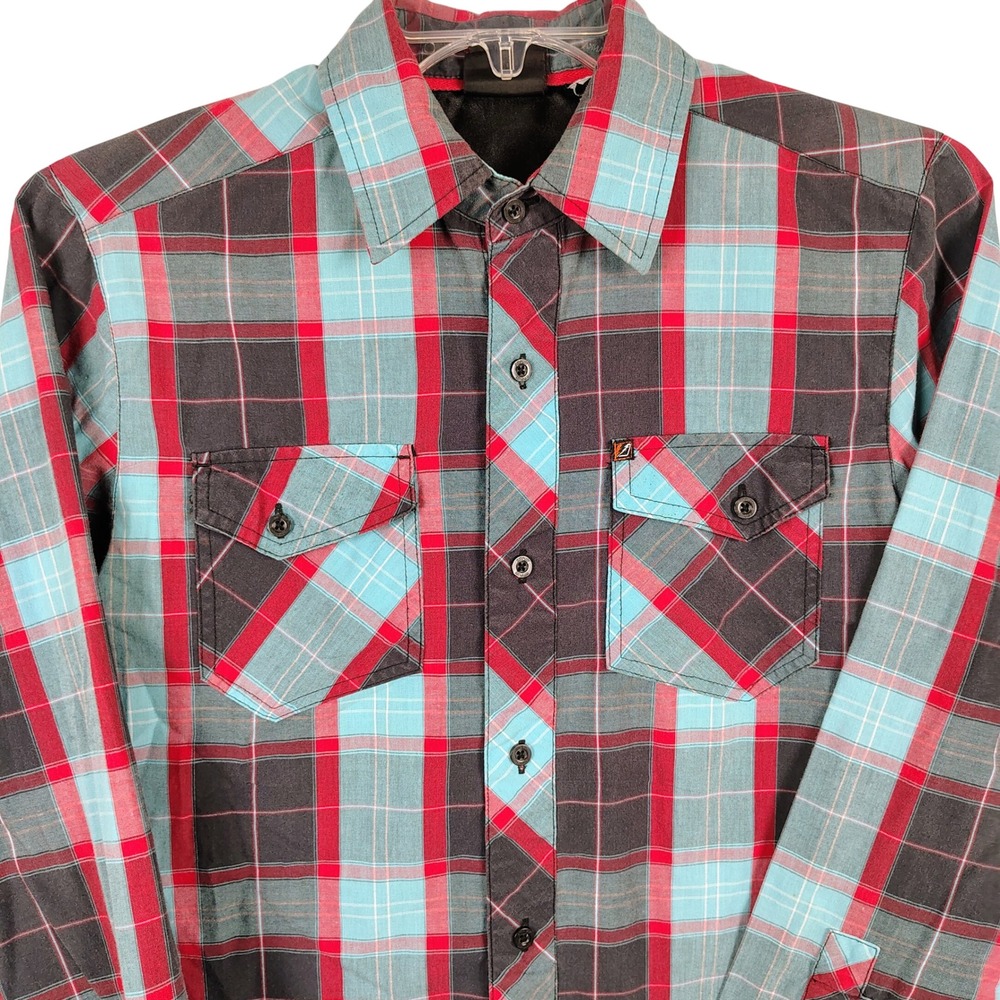 Mens S Amplify Plaid Button Down Shirt Red Teal Cotton Blend Gorpcore Grunge - Picture 1 of 9